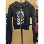 Ed Hardy NYC Black Y2K Cropped Hoodie Sweatshirt Women's VTG 90's Retro Skull XS