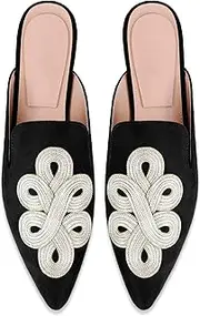[Tiuucoet] Mules for Women Velvet Pointed Toe Comfortable Slip On Loafers Embroidery Flats Slippers