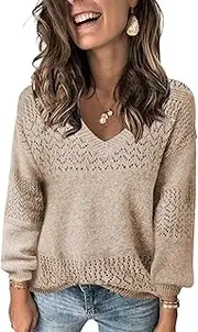 [JOCAFIYE] Womens Sweaters Casual Long Sleeve V Neck Lightweight Hollow Out Pullover Sweater Tops