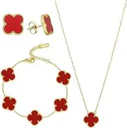 [Hannya] 18K Gold Plated Lucky Clover Sets, Lucky Clover Bracelet, Earring, Necklace Pendant for Women Girls (Red)