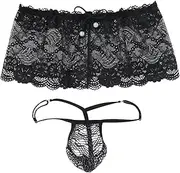 [ABAFIP] Men's Sissy Lingerie Low Rise Lace Mesh Sheer Mini Skirt + G-string Panties 2Pc Crossdressing Underwear