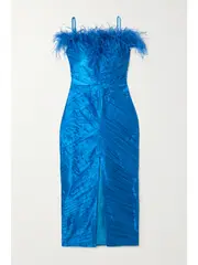 [RASARIO] RASARIO - Feather-trimmed Ruched Satin Midi Dress - Blue - FR 34 FR 34 Blue