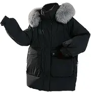 [nichangyuyi] White duck down big fur collar medium long down jacket solid color down coat, Black(fox Hair), Small