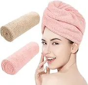 Microfiber Hair Towel Wrap for Women, 2 PCS Quick Dry Hair Cap Hair Towels with Button Super Soft Anti Frizz Bath Hair Cap Towels for Women Drying Curly Long Thick Hair (Pink, Light Coffee)