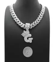 Silver PT Bubble Alphabet G Pendant 16" ~ 24" Iced Cuban Box Lock Chain Necklace