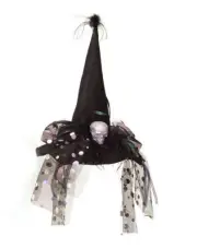 Melrose 22" Black Halloween Witch Hat Silver Glitter Skeleton Feathers Tulle
