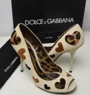 New Dolce & Gabbana Leopard Leather Suede Hearts Heels Pattern 38.5 40.5 Y2K