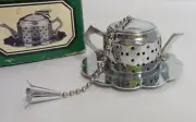 Tea Strainer Teapot Shaped Infuser on Tray Barnie's Vintage Chrome New