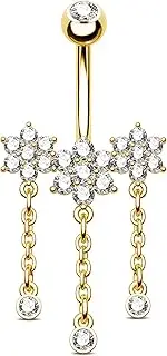 [Jewseen] 14G Belly Button Ring Flower Belly Ring Gold Belly Piercing Jewelry Floral Belly Piercing Jewelry Dangle Navel Ring Surgical Steel Navel Piercing Jewelry Curved Barbell for Women Men