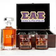 Sigma Alpha Epsilon - Fraternity Decanter and 2 Glasses In Wood Box Set