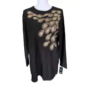Alfani Womens Sweater Top Sz Petite XL Black Embroidered Peacock Feathers New