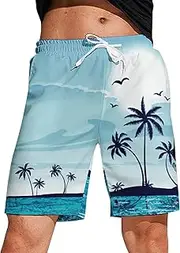 [Generic] Mens Pattern Printed Travel Wear Clothes Swim Shorts with Mesh Funny Beach Shorts Drawstring Breathable Shorts with Pockets