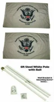 2x3 2'x3' U.S. Coast Guard Crest 2ply Flag White Pole Kit Gold Ball Top
