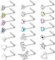 [Kakonia] 21 Pcs 20G Nose Stud Piercing 316L Surgical Steel for Women Men Hypoallergenic Small Colorful CZ Silver Nose Studs I Shaped/L Shaped/S Shaped Nose Stud Screw Nose Piercing Jewellery