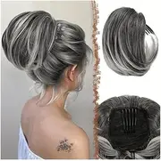 Hairpiece Straight Hair Bun Drawstring Synthetic Hair Extension Comb Clip Ponytail Updo Hairpiece Daily Use(#1B/Deep Grey)