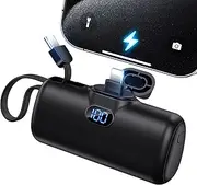 Portable Charger, Mini Power Bank, 5000mAh Phone Charger, Compact Battery Pack for iPhone & Android, USB C Cable, LCD Display, Battery Bank Compatible for iPhone 14/13/12/11/XS/X/8/7/6