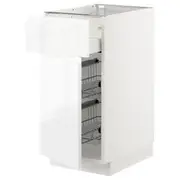 METOD / MAXIMERA base cab w wire basket/drawer/door, white/Voxtorp high-gloss/white, 40x60x80 cm