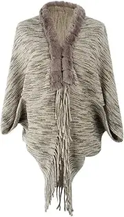 [HEYDHSDC] Fur Collar Korean Ponchos Autumn Winter Cloak Shawl Cardigan Women Tassel Color Mix Vintage Sweater