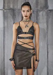 [DARKER WAVS] Snare Mesh Overlay Cut-Out Buckle Skirt Set