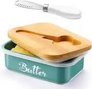 Butter Dish with Lid for Countertop, AISBUGUR Metal Butter Keeper with Stainless Steel Multipurpose Butter Knife, Large Butter Container with Double High-quality Silicone Good Kitchen Gift Green