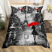 Paris Eiffel Tower Kids Duvet Cover Set King Size,Rainy Night Red Umbrella Girly Bedding Set,Boys Girls Room Decor,Modern French Style Building Comforter Cover,Grey Retro Quilt Cover,2 Pillowcases