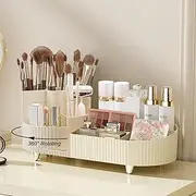 Makeup Organizer Countertop Rotating Makeup Organizer for Vanity Large Capacity Cosmetic Display Case with Makeup Brush Holder Cosmetic Organizer Countertop（Cream）