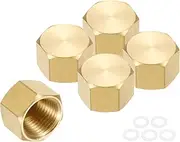 uxcell 5Pcs Brass Hex Head Plug Compression Cap Fitting Stop Valve Cap,3/8" Hex Thread Pipe Fitting Flare Cap Tubing Ends Sealing Cap with Gasket for Air Conditioner, Water, Gold