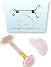 Facial Roller & Gua Sha Real Gold Plated Stone - Anti-Wrinkles, Invigorating and Firming for Skin | Massagers for Rejuvenation and Relaxation (Set Rose Quartz)