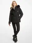 $320 Michael Kors Womens Faux Fur Trim Hood Belted Jacket Puffer Coat Black L