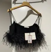 MIU MIU Stretch Cady Top With Feathers In Black Come With Ori Hanger & Ori Bag
