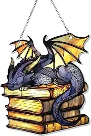 Book Dragon Sun Catcher, 15cm Cute Dragon on Book Window Ornament Craft Pendant - 2D Acrylic Dragon Window Rainbow Maker Light-Catcher for Bedroom, Balconies, Doorways
