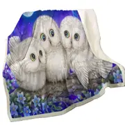 Blue Purple Moonlight Forest Owl Triplets Throw Blanket