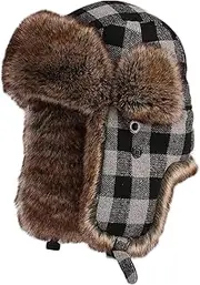 [CVMRBY] Winter Hats,Bomber Hat Unisex Wool Plaid Trapper Hat Faux Fur Earflap Hat Winter Outdoor Ski Snow Warm Thick Lined