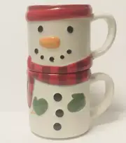 Hallmark NOS Christmas Set Of 2 Stackable Snowman Coffee Mugs/Soup Cups Holiday