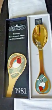 New i Box 1981 Michelsen Christmas Spoon Sterling Silver Robin Redbreast Enamel