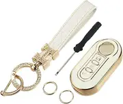 X AUTOHAUX Key Fob Cover Kit Compatible for Fiat 500 500C, 3 Button Gold Tone Edge Fashion Soft TPU White Remote Keyless Smart Key Fob Case Protection Shell with Keychain