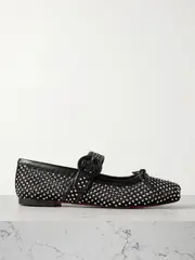 [Christian Louboutin] Christian Louboutin - Mamastrapitina Crystal-embellished Leather-trimmed Mesh Ballet Flats - Black - IT37 IT 37 Black