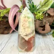 Green Flower Agate Sakura with Red Chalcedony Rare Tower Crystal Generator