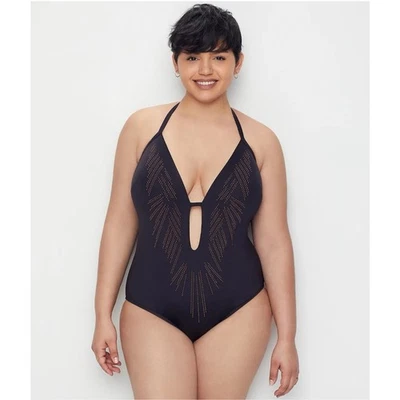 Kenneth Cole BLACK Jungle Fever Halter Plunge Mio One Piece Swimsuit, US 2X