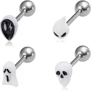 [Niaspi] 4Pcs 14G Halloween Ghost Skeleton Skull Tongue Rings for Women Men 316L Stainless Steel Tongue Piercing Jewelry Halloween Themed Body Jewelry, Acrylic, no gemstone