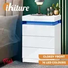 Oikiture Bedside Tables Side Table 3 Drawers RGB LED High Gloss Nightstand
