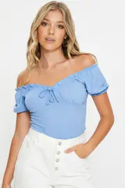 Blue Tie Front Puff Sleeve Top - Size L, Women's Trial Jersey