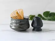 Black Matcha Set: Matcha Bowl, Bamboo Matcha Whisk, Ceramic Whisk Holder