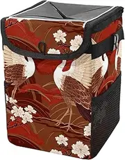 Car Trash Can with Lid and Storage Pockets Leak-Proof Organizer,Multipurpose Trash Bin for Car,Crane with Floral Red Background