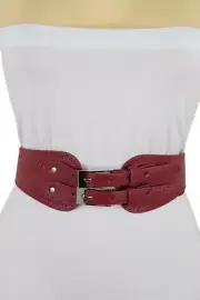Women Red Color Elastic Cowgirls Fashion Belt Silver Metal Double Buckle Fit S M