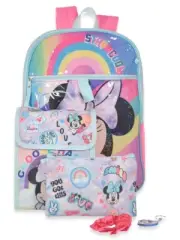 Disney Minnie Mouse Rainbow Girls School Backpack Lunch Box Book Bag 5 Piece SET