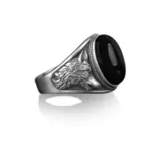 Wild Wolf Men's Ring, AAA Black Onyx Gemstone Wolf 925 Sliver Men's Ring,