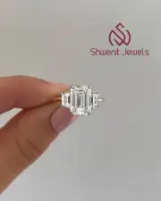 3.60 Ct Emerald & Tappered Cut Lab Grown Diamond Engagement Ring 10K Yellow Gold