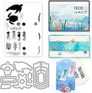 INFUNLY Sea Cutting Die and Stamp Set Sea Animal Clear Stamps and Dies for Card Making Sea Turtle Rubber Stamp Hippocampus Seaweed Jellyfish Rubber Stamps for Crafting Paper DIY Scrapbooking Decor