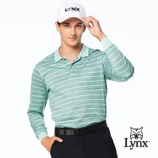 【Lynx Golf】男款歐洲進口布料純棉絲光藍綠白條紋紋路胸袋款長袖POLO衫(綠色)